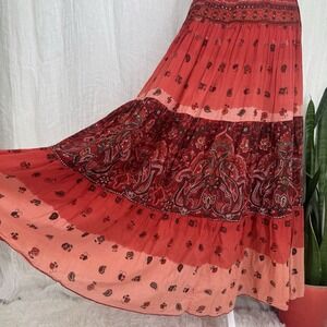 Vintage Tiered Boho Prairie Maxi Skirt M Floral Hippie Y2K Festival Flowy Beaded